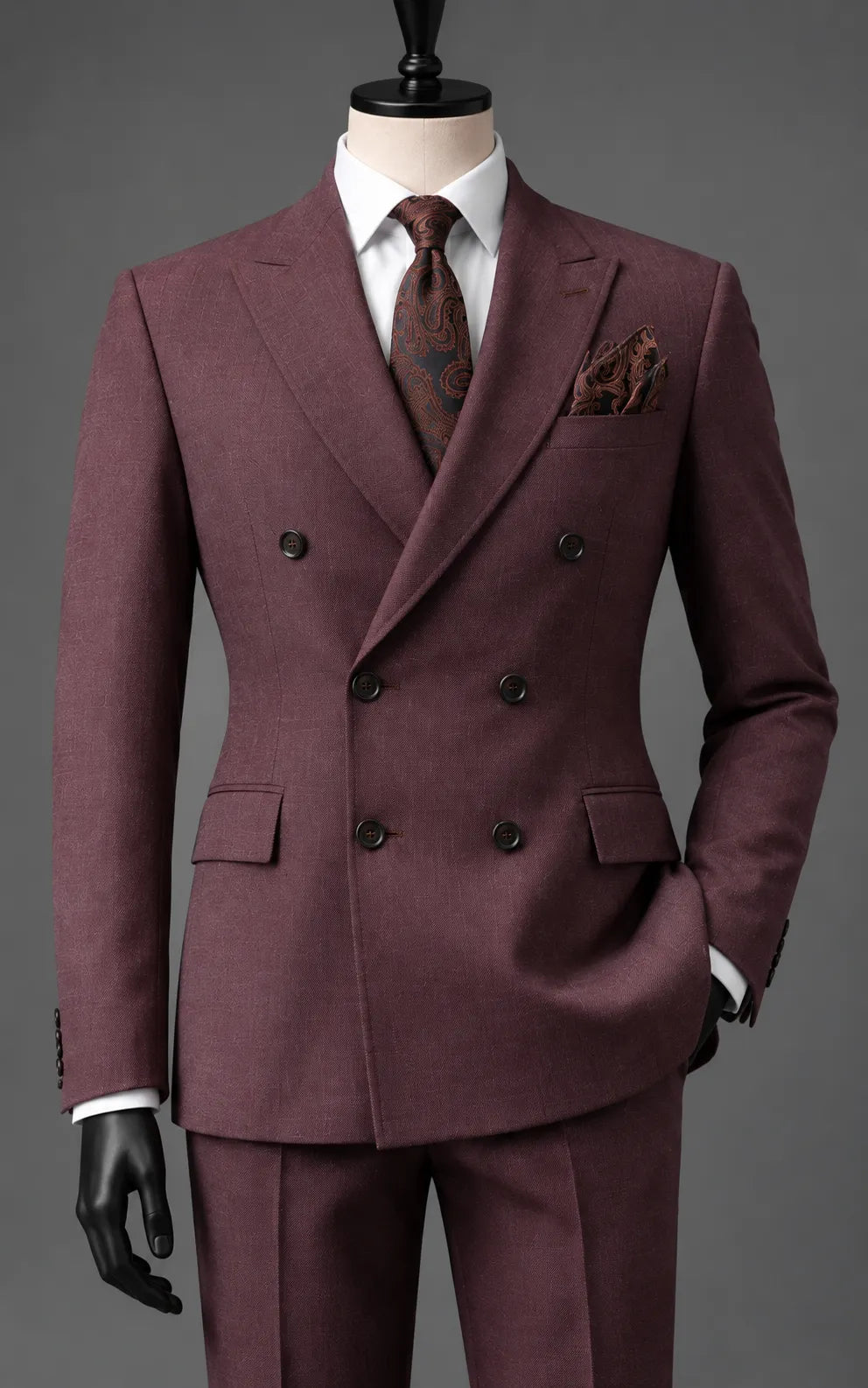 Maroon Double-Breasted Peak Lapel Suit