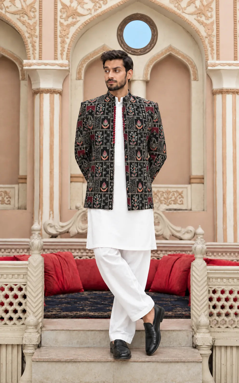 Black Floral Printed Open Prince Coat
