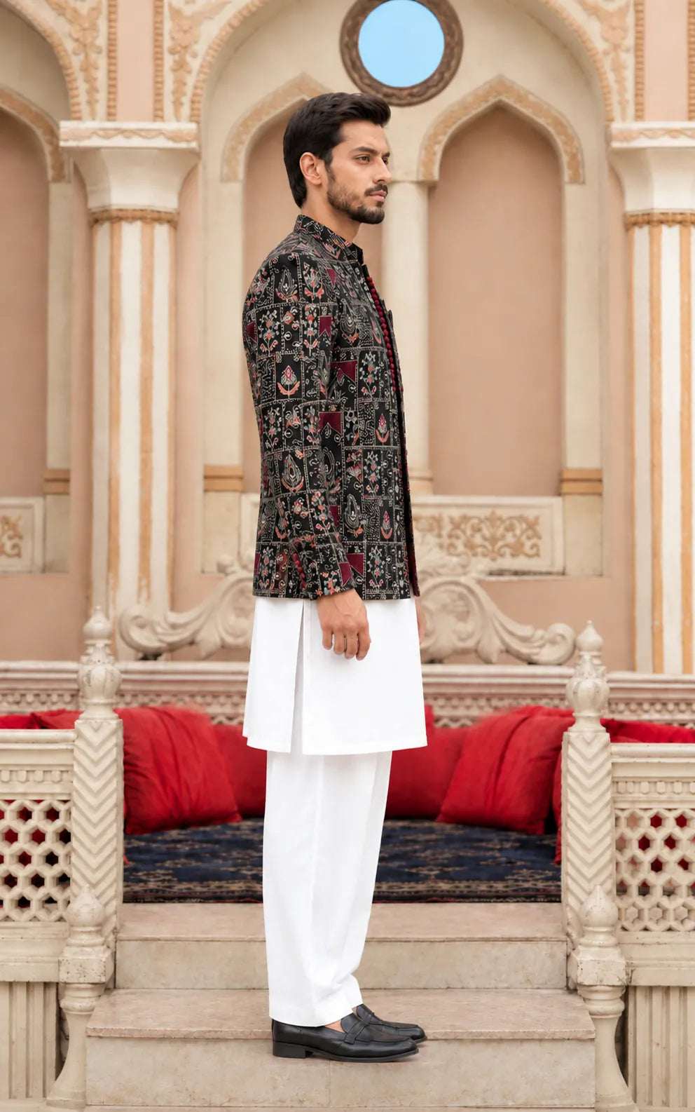 Black Floral Printed Open Prince Coat