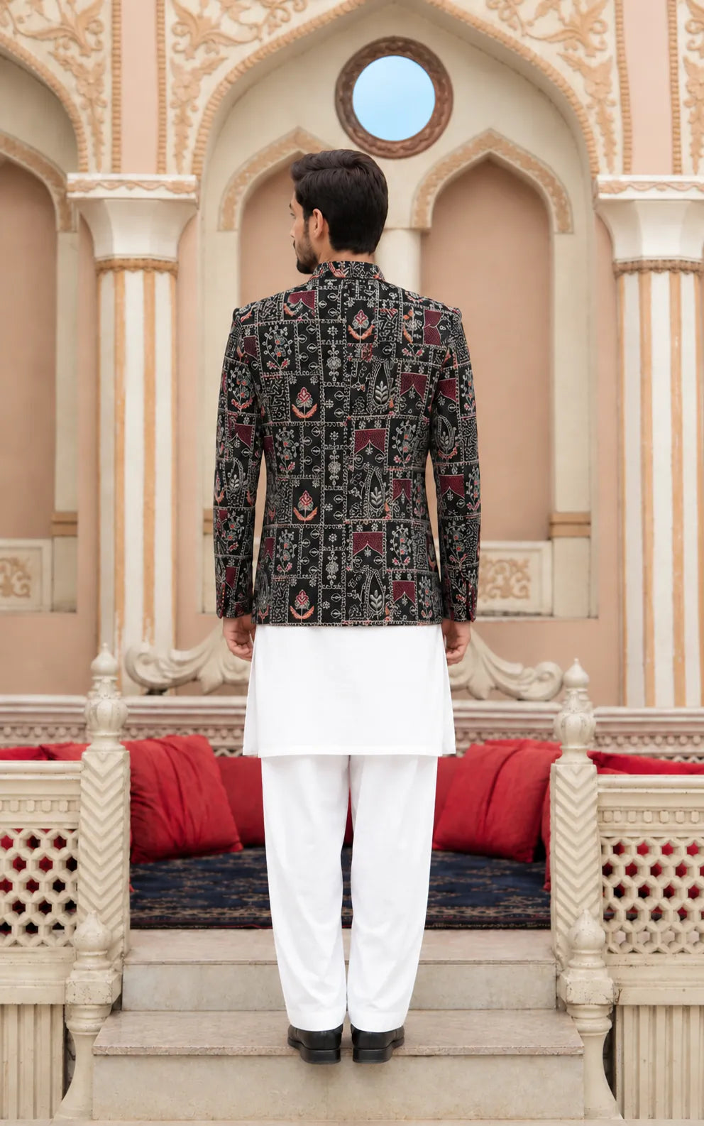 Black Floral Printed Open Prince Coat