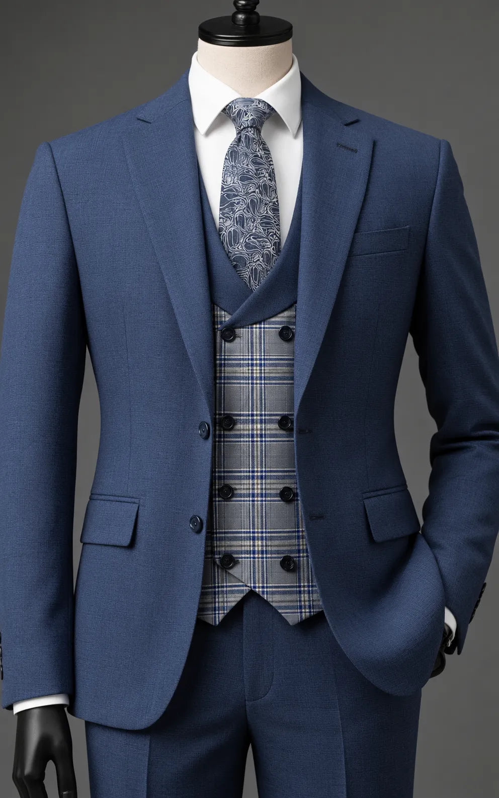 Navy Blue Suit with Contrast Double-Breasted Waistcoat