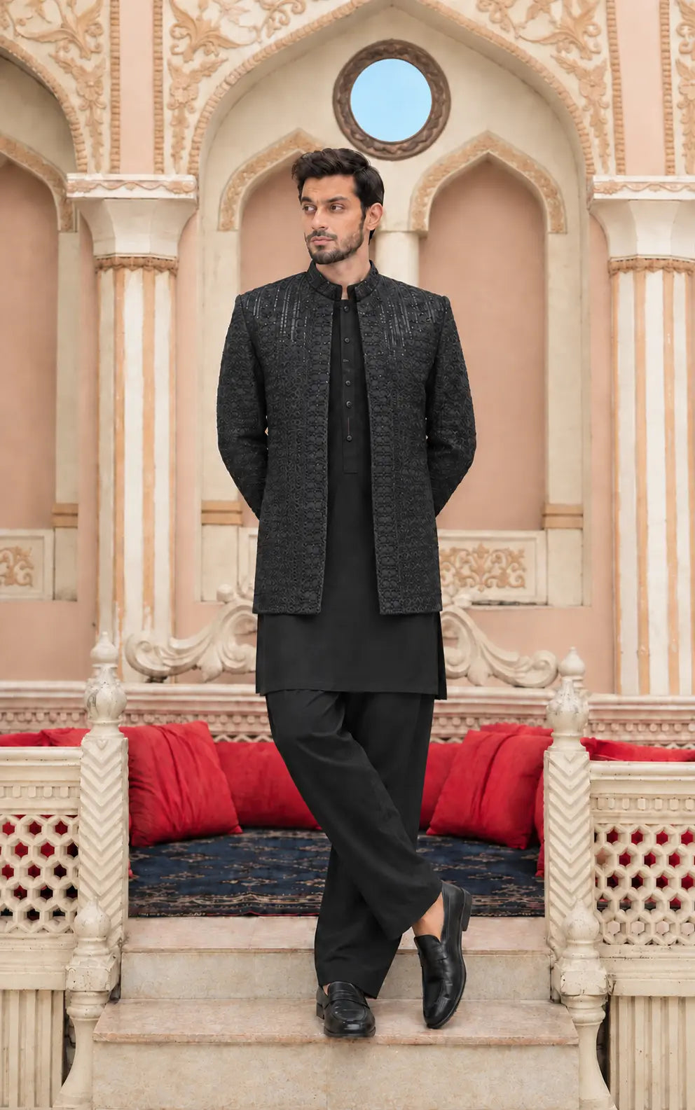 Black Embroidered Open Prince Coat