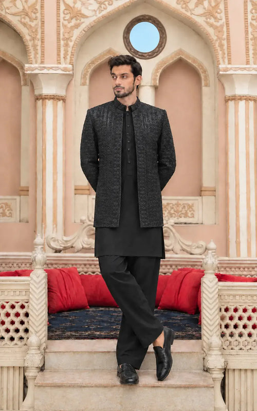Black Embroidered Open Prince Coat Last Option