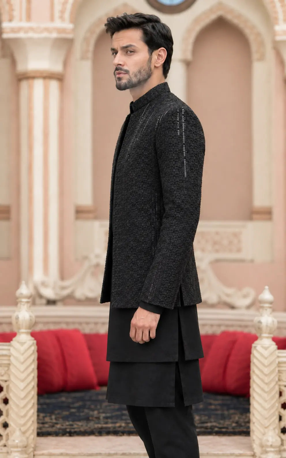 Black Embroidered Open Prince Coat