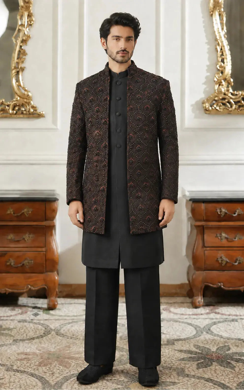 Dark Brown Embellished Open Goan 3-Piece Set Last Option