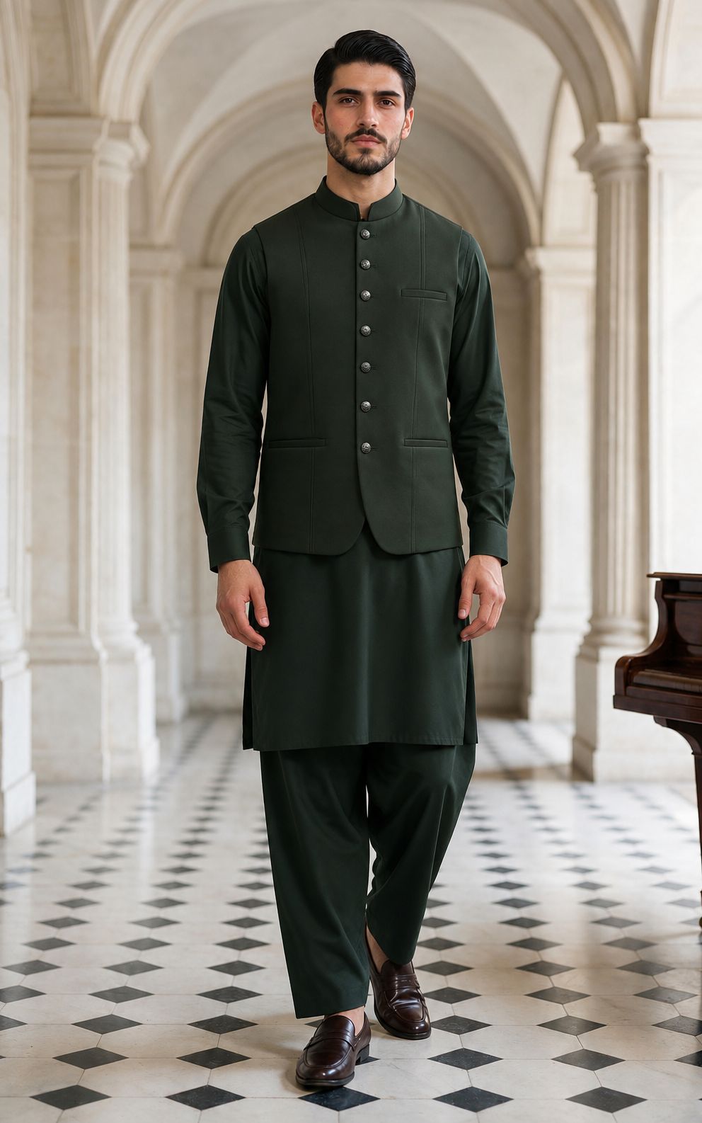 Dark Green Shalwar Kameez with Waistcoat