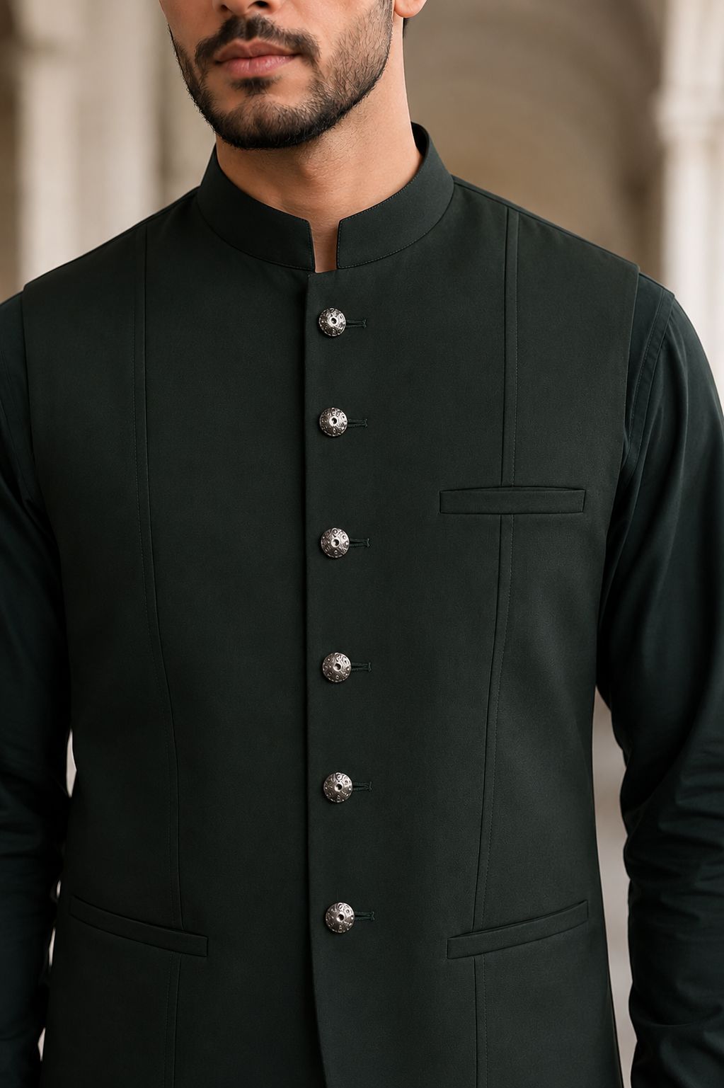 Dark Green Shalwar Kameez with Waistcoat
