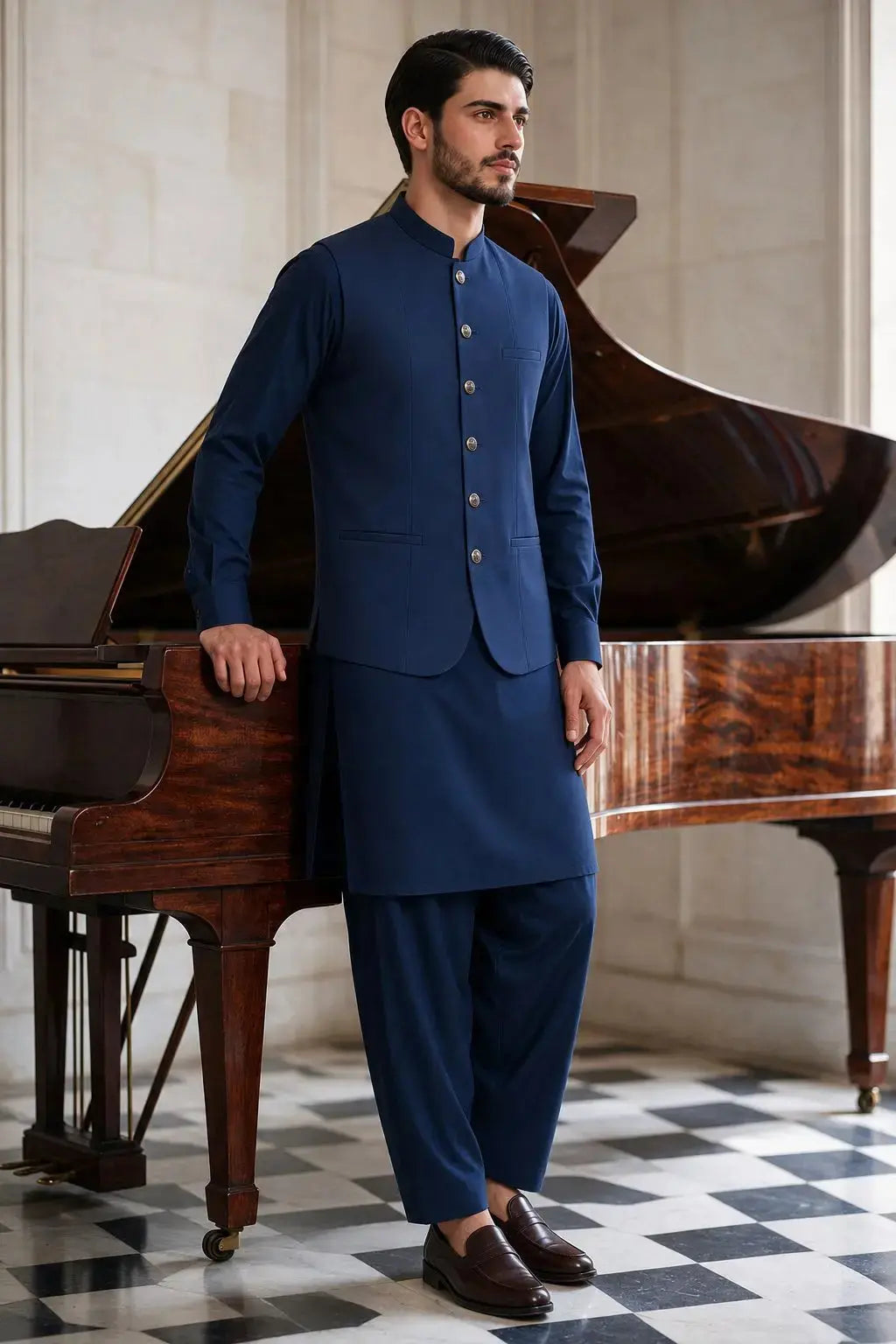 Midnight Navy Blue Shalwar Kameez with Waistcoat Last Option