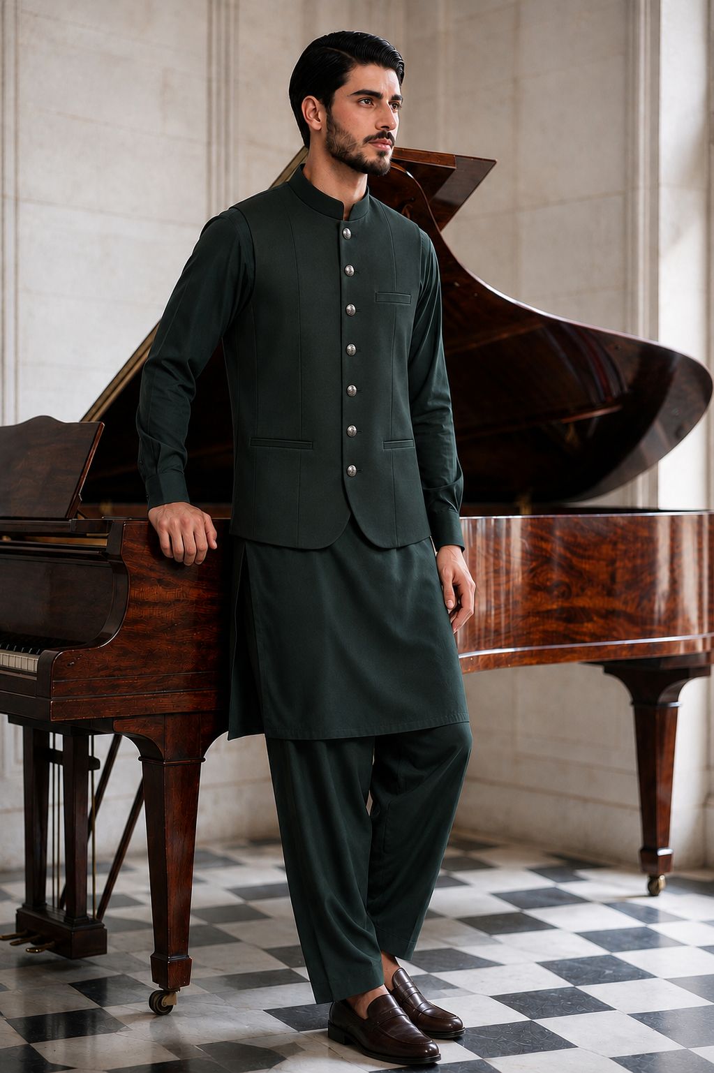Dark Green Shalwar Kameez with Waistcoat