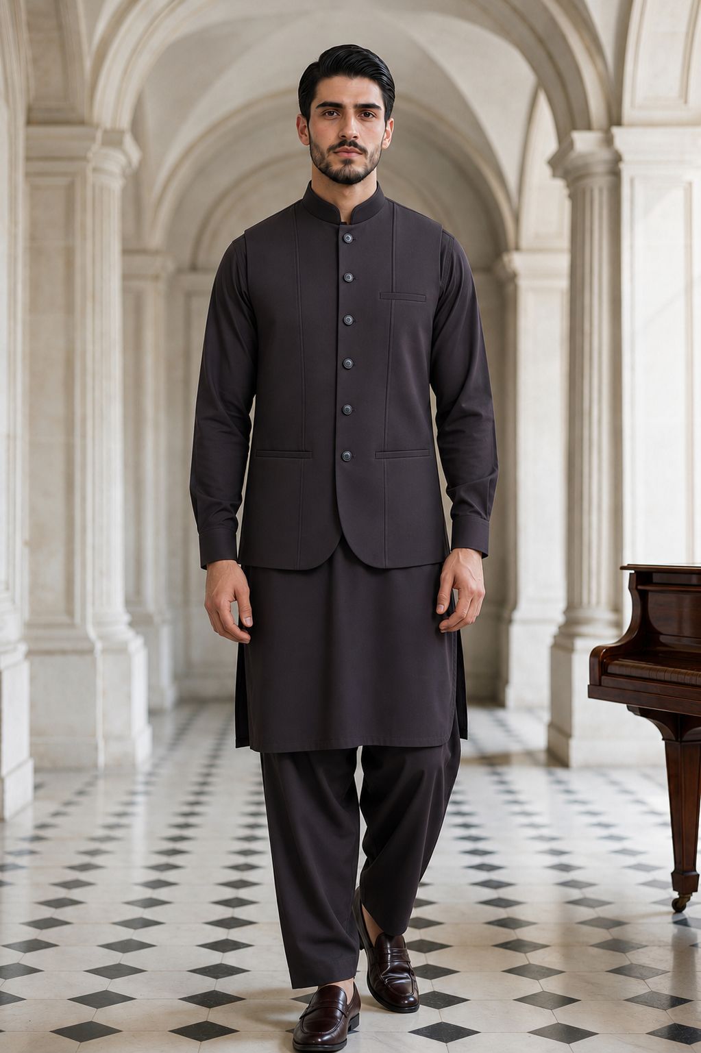 Dark Brown Shalwar Kameez with Waistcoat