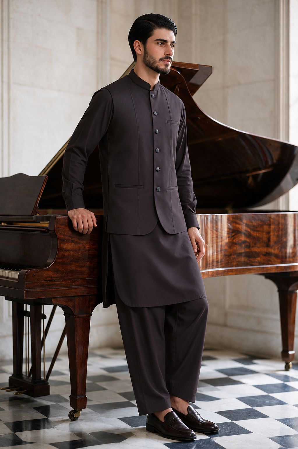 Dark Brown Shalwar Kameez with Waistcoat