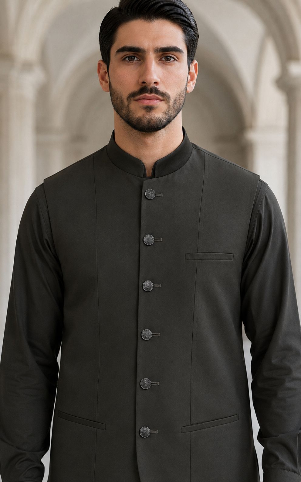 Dark Black Shalwar Kameez with Waistcoat