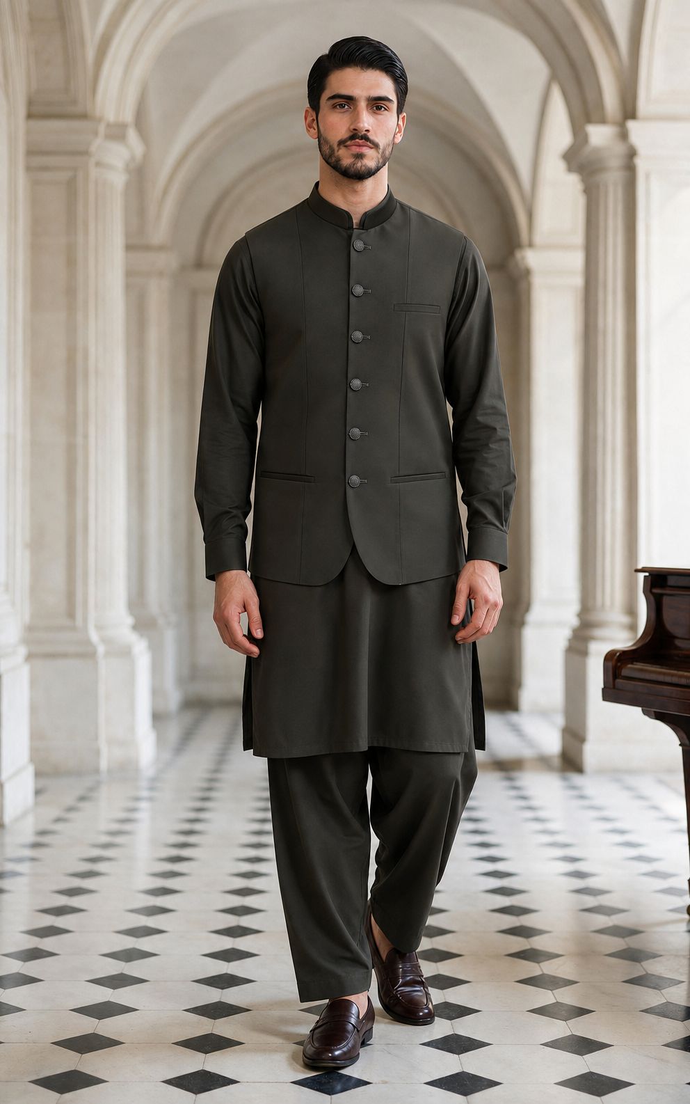 Dark Black Shalwar Kameez with Waistcoat