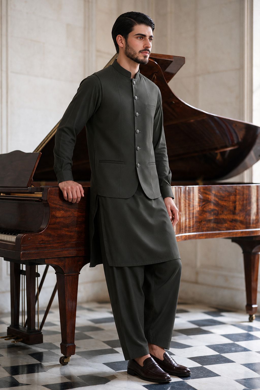 Dark Black Shalwar Kameez with Waistcoat