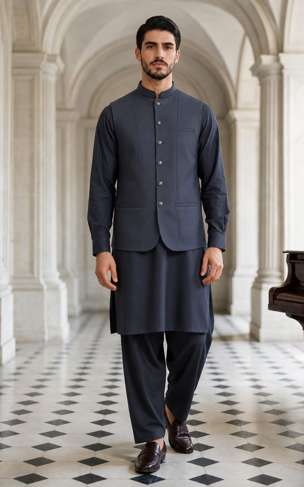 Dark Gray Shalwar Kameez with Waistcoat