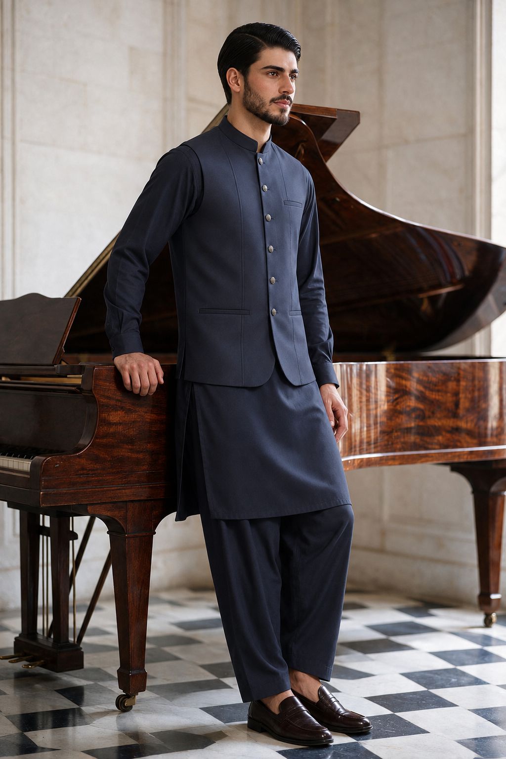 Dark Gray Shalwar Kameez with Waistcoat