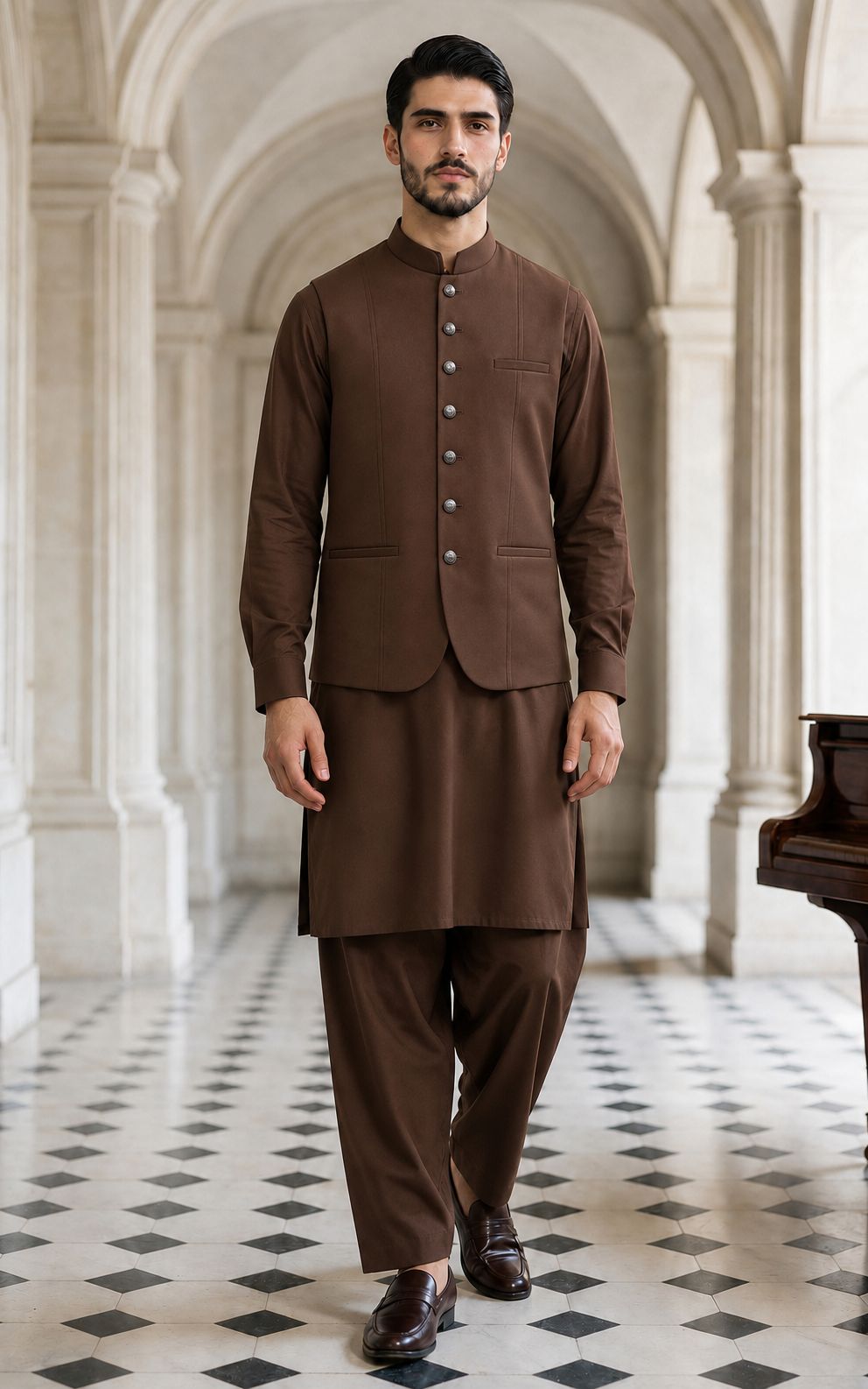 Rust Brown Shalwar Kameez with Waistcoat