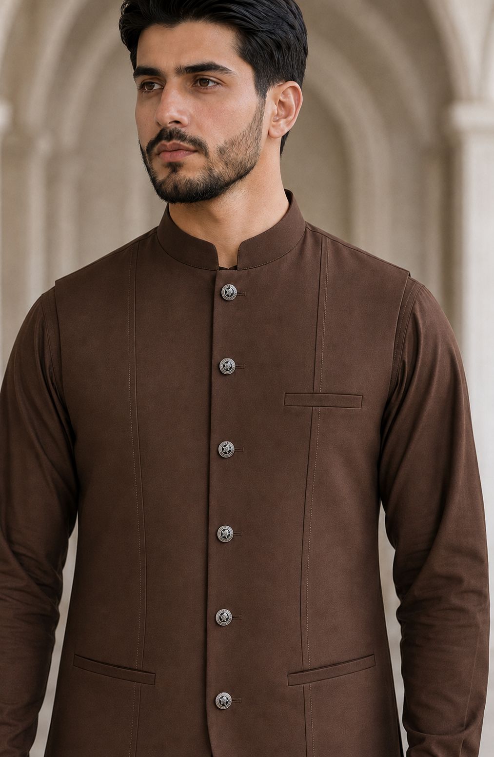 Rust Brown Shalwar Kameez with Waistcoat