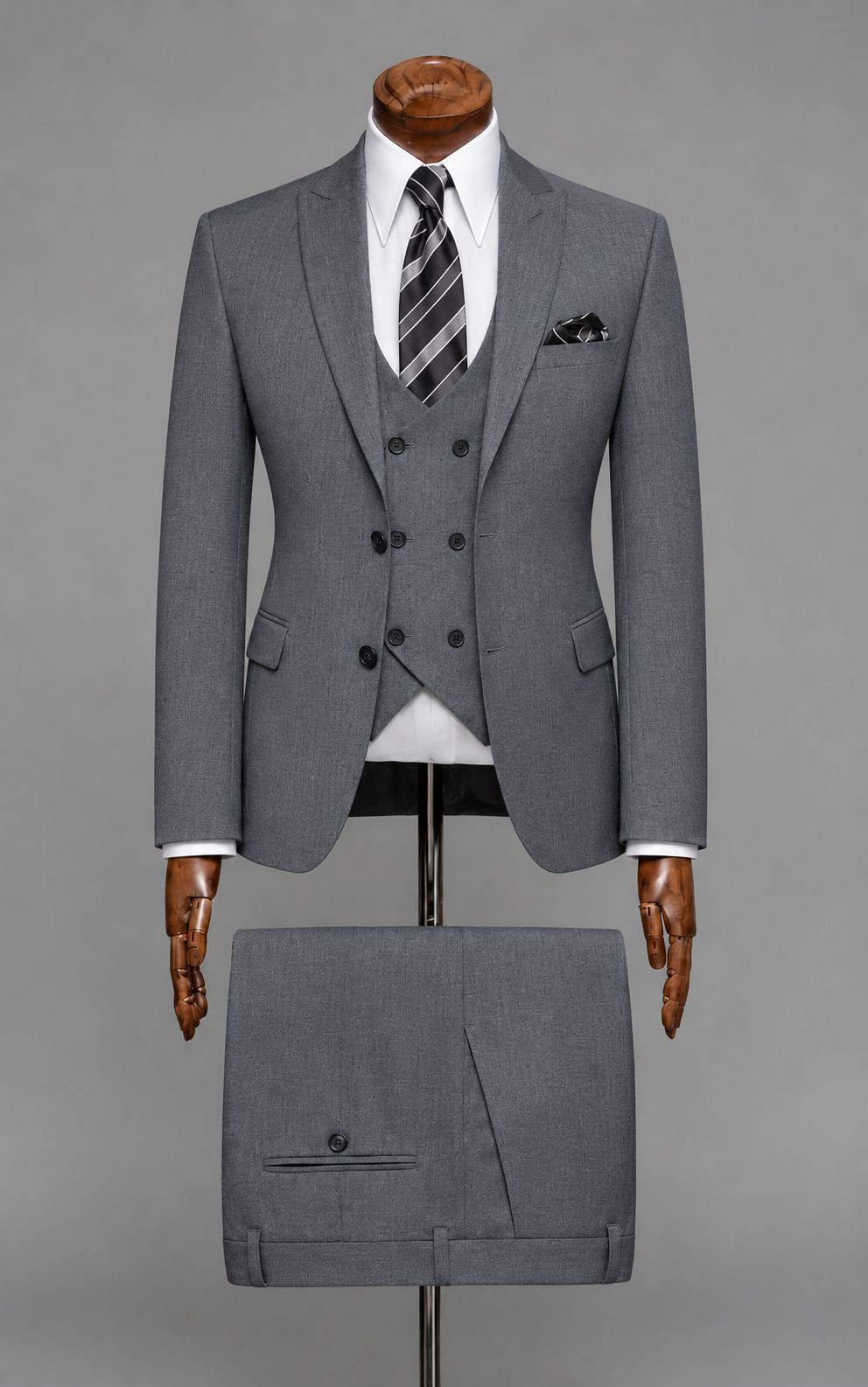 Steel Grey 3-Piece Suit with Double-Breasted Waistcoat Customized Article