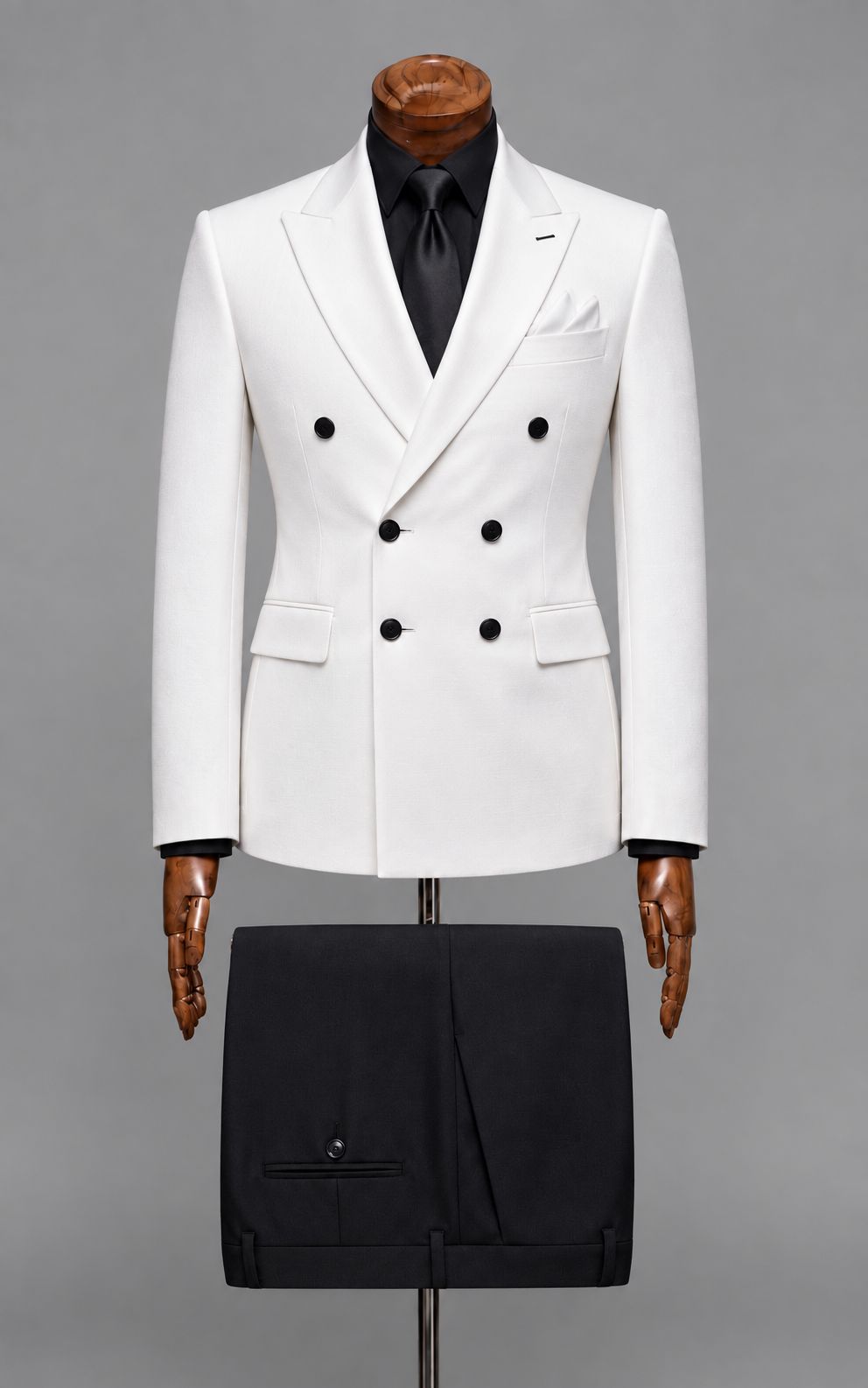 White Double-Breasted Blazer with Black Trousers Customized Article