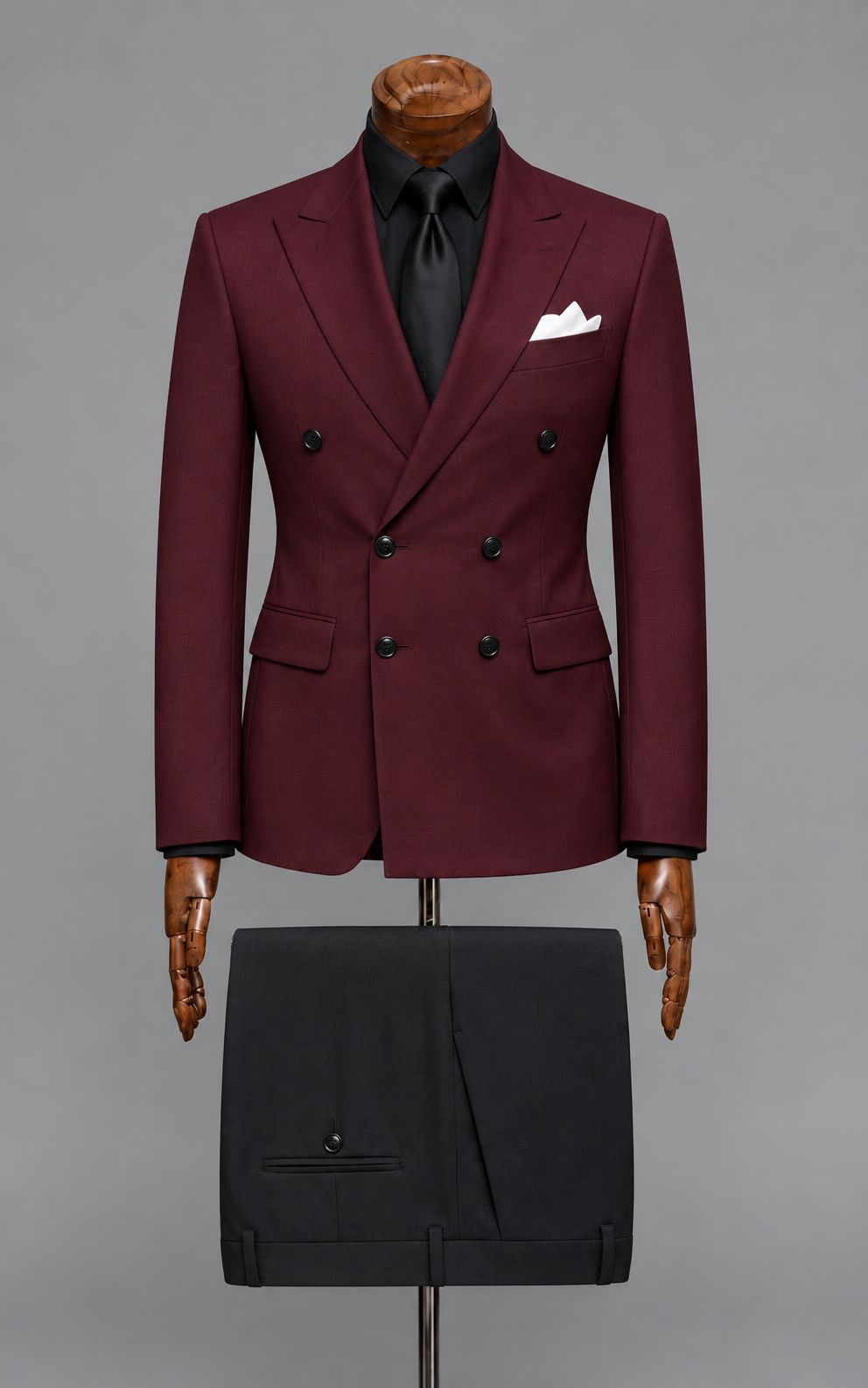 Maroon Double-Breasted Blazer with Black Trousers Customized Article