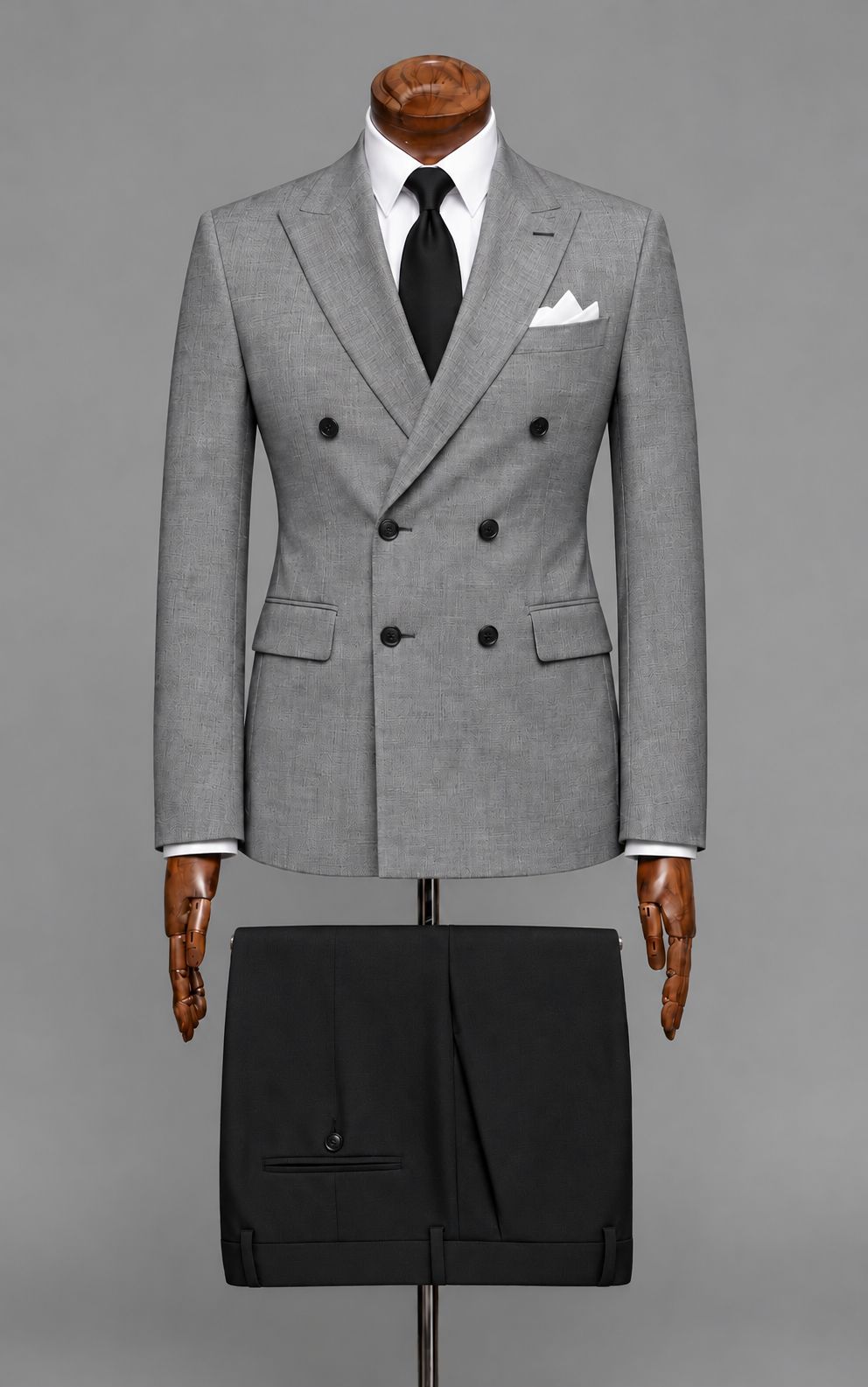 Textured Grey Double-Breasted Blazer with Black Trouser Customized Article
