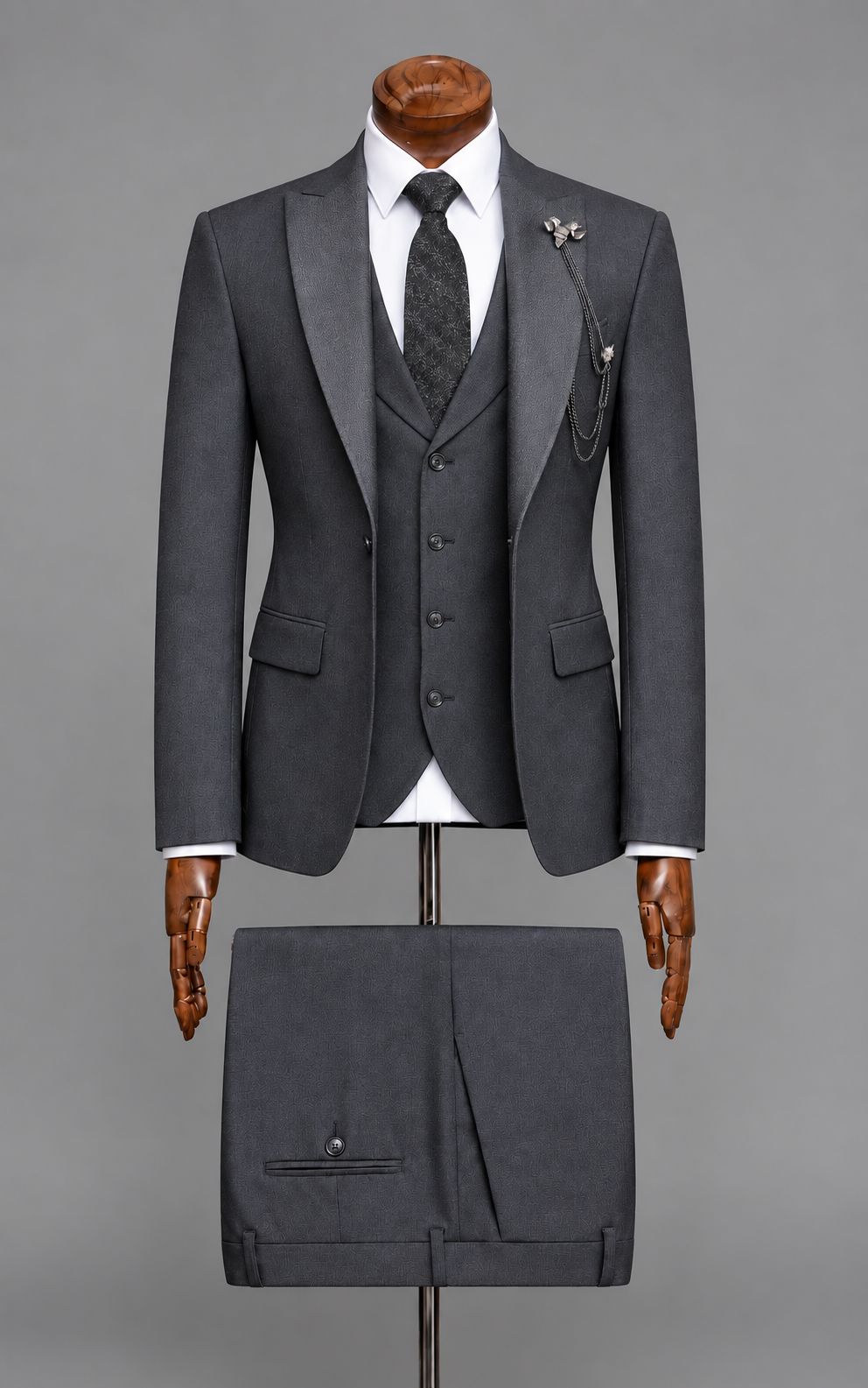 Charcoal Grey 3-Piece Suit with Textured Print Customized Article