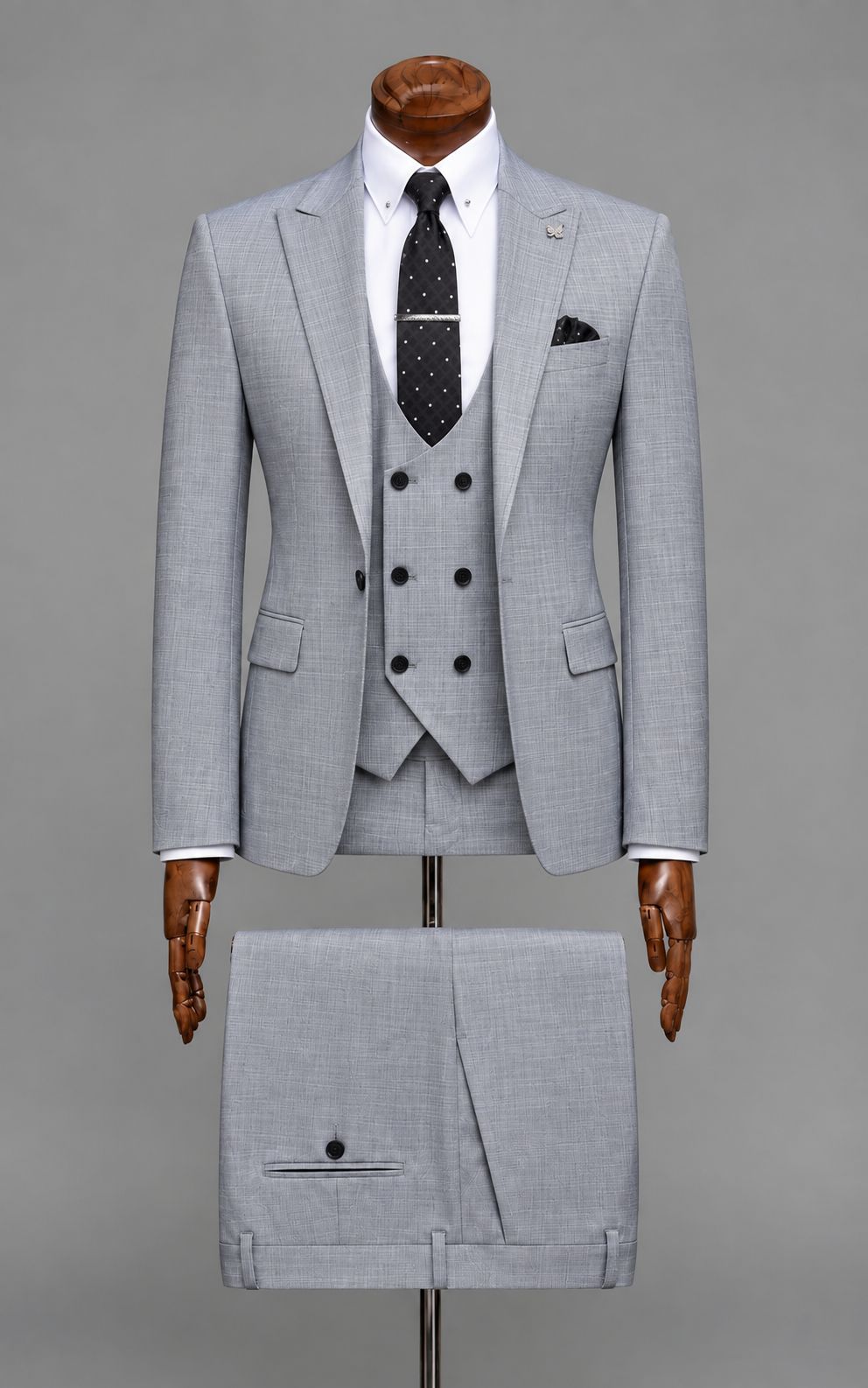 Light Grey 3-Piece Suit with Double-Breasted Waistcoat  Customized Article