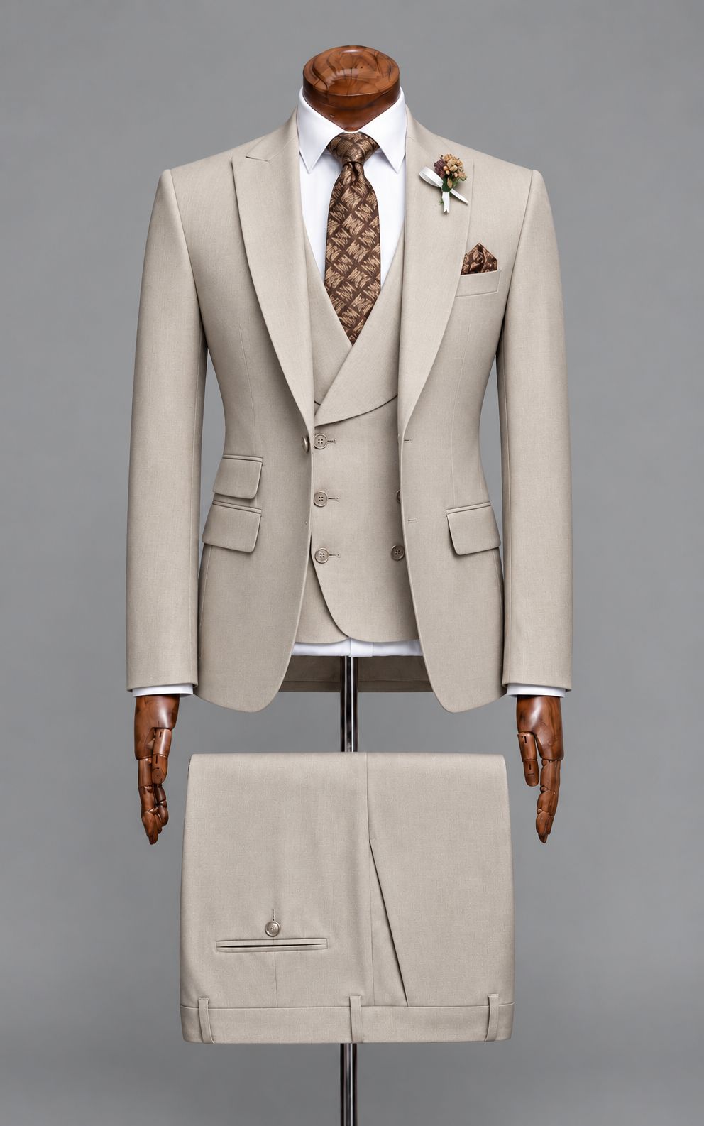Beige 3-Piece Suit with Double-Breasted Waistcoat Customized Article