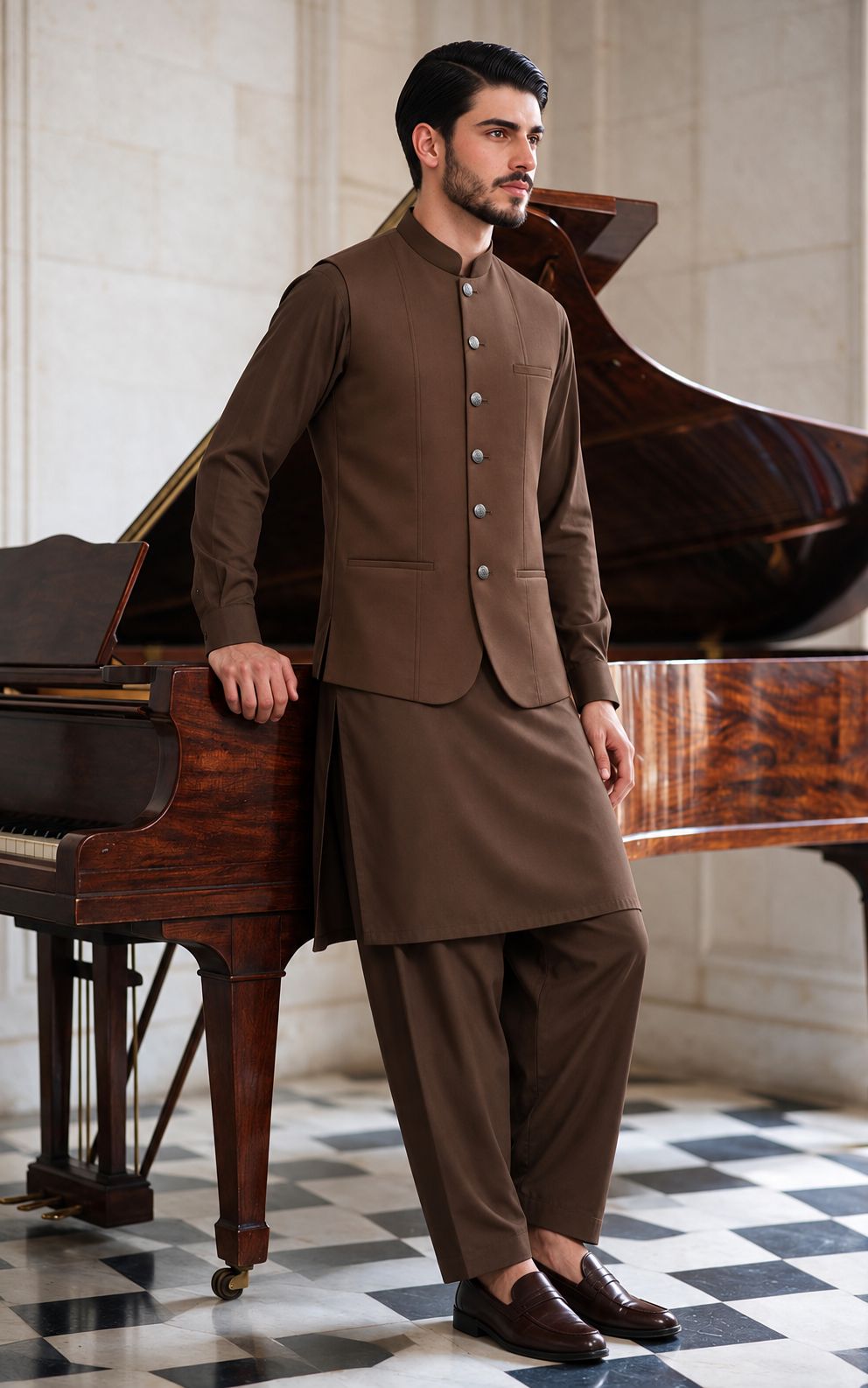 Rust Brown Shalwar Kameez with Waistcoat