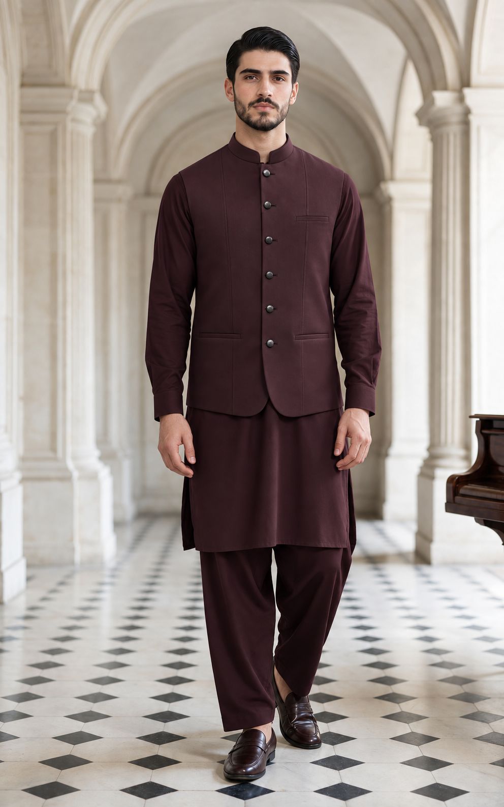 Dark Mahroon Shalwar Kameez with Waistcoat