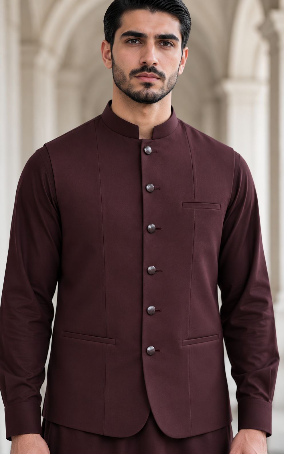 Dark Mahroon Shalwar Kameez with Waistcoat