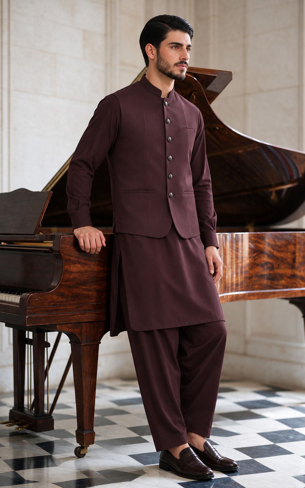 Dark Mahroon Shalwar Kameez with Waistcoat