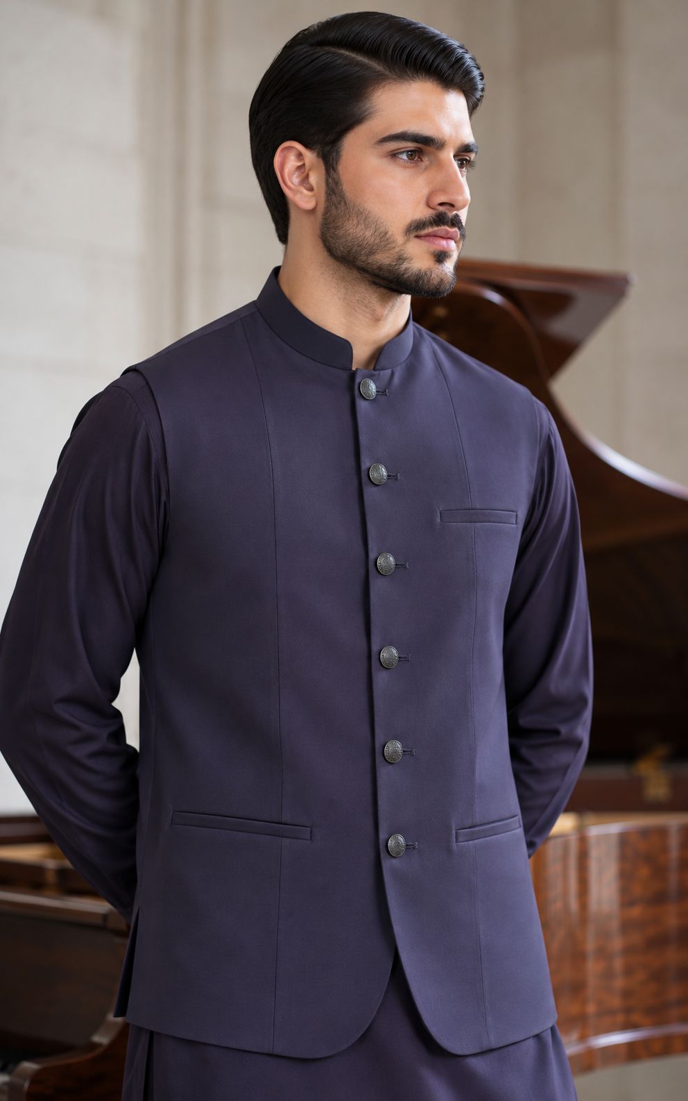 Dark Purple Shalwar Kameez with Waistcoat