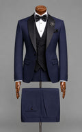 Navy Blue 3-Piece Tuxedo Suit with Black  Waistcoat Customizes Article