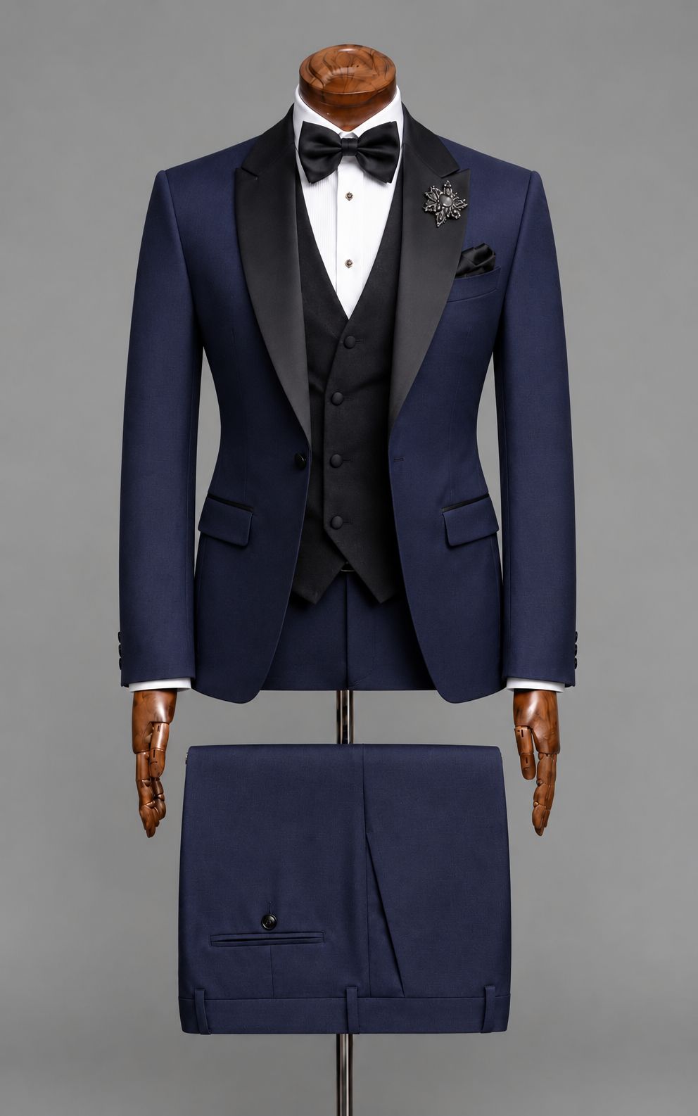 Navy Blue 3-Piece Tuxedo Suit with Black  Waistcoat Customizes Article