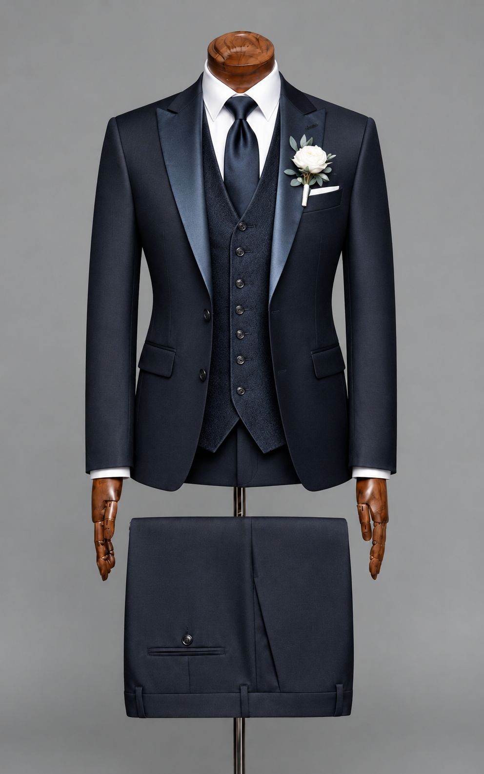 Navy Blue 3-Piece Tuxedo Suit with  Waistcoat Customized Article