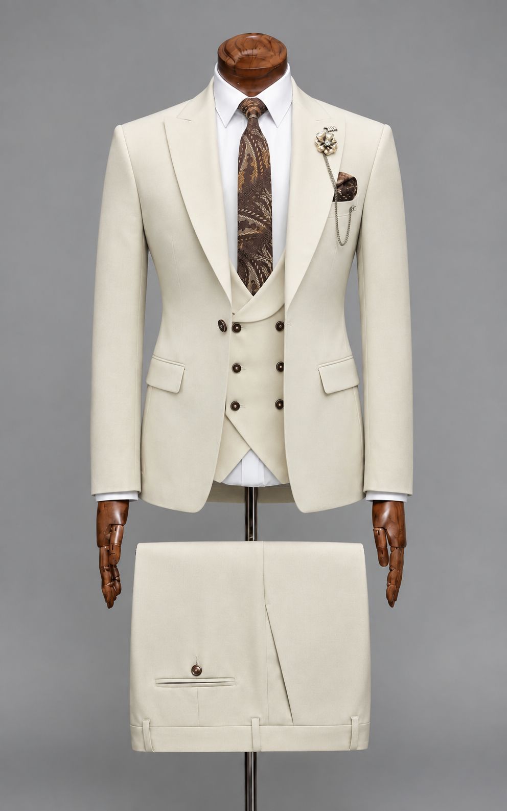 Ivory 3-Piece Suit with Double-Breasted Waistcoat Customized Article