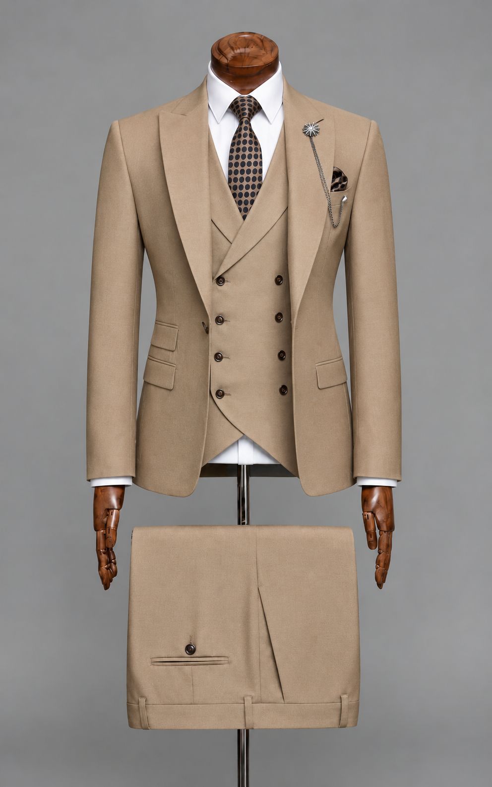 Khaki 3-Piece Suit with Double-Breasted Waistcoat Customized Article