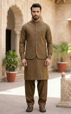 Golden Brown Shalwar Kameez with Waistcoat