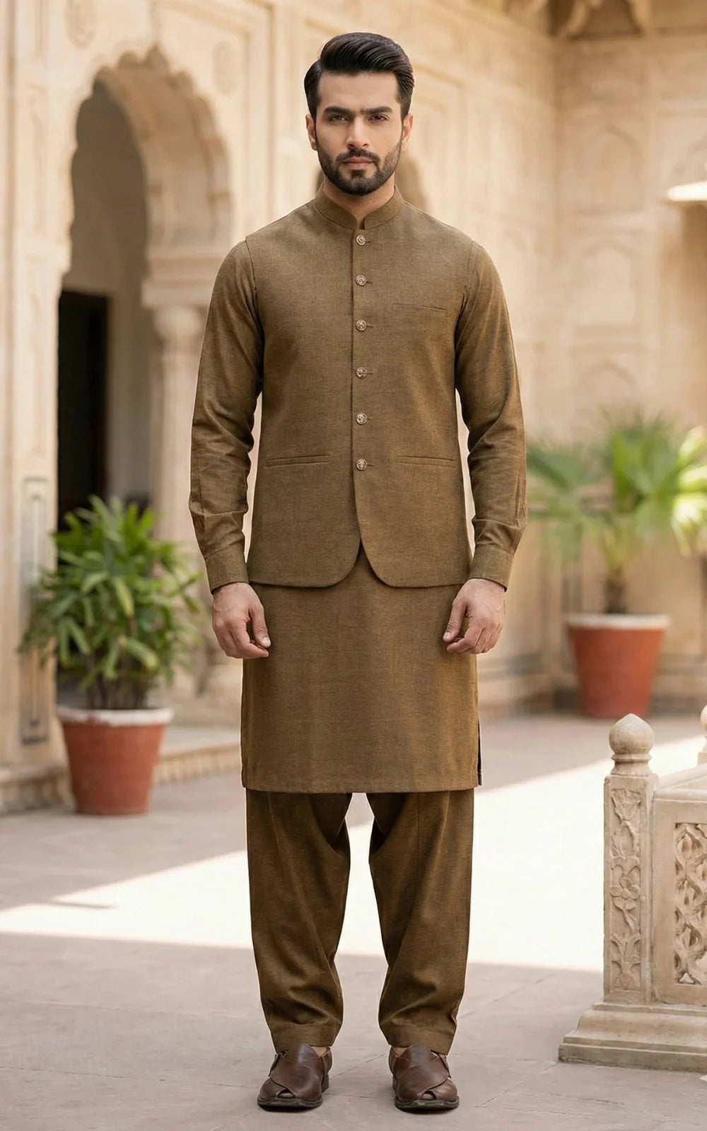 Golden Brown Shalwar Kameez with Waistcoat