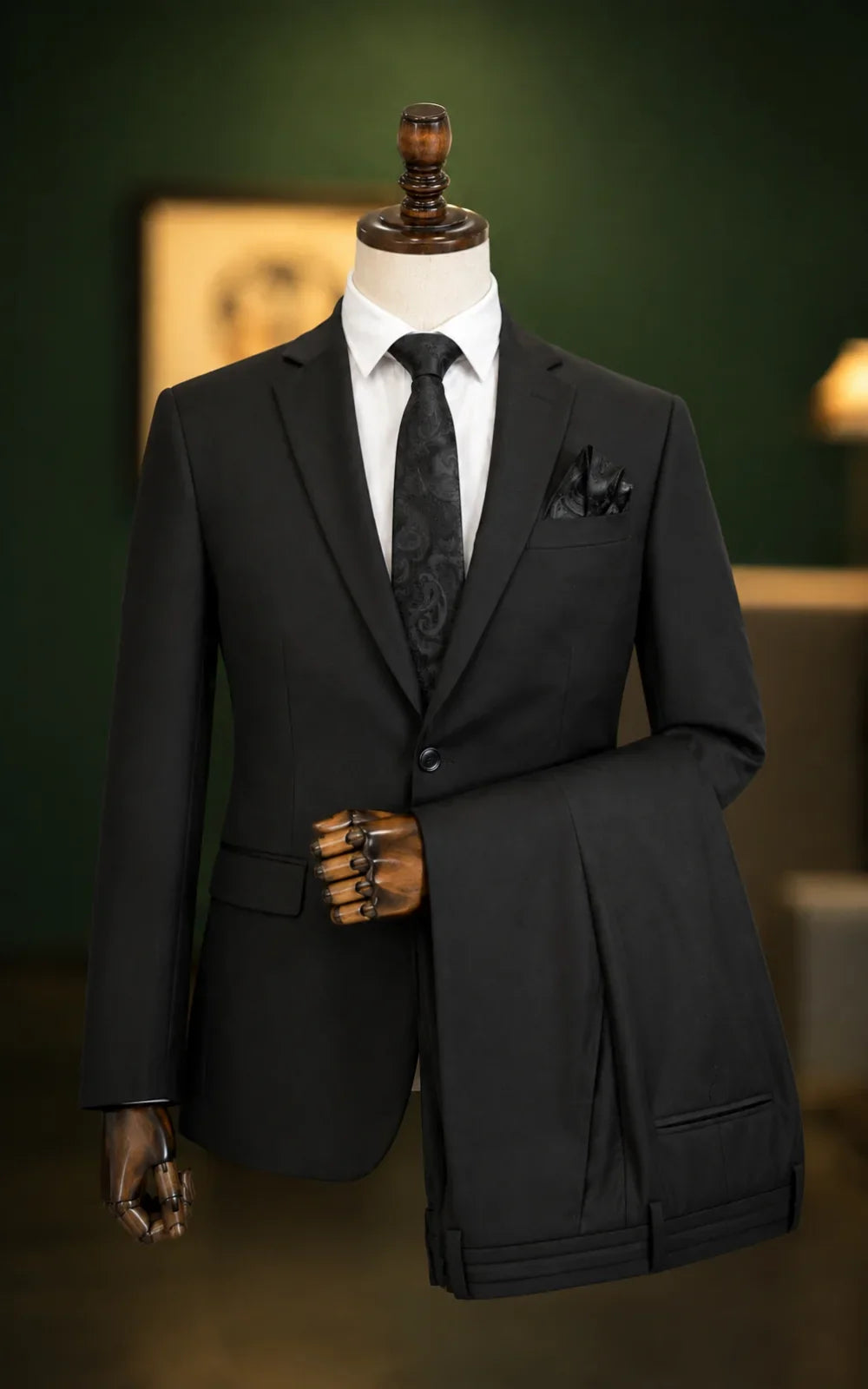 Jet black formal suit jacket with matching trousers