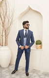 Men Slim Fit Three Piece Suit in Deep Blue with Textured Waistcoat