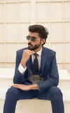 Men Slim Fit Three Piece Suit in Deep Blue with Textured Waistcoat