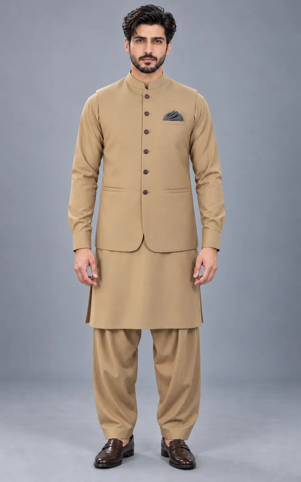 Beige Customized Shalwar Kameez Suit with Fabric Last Option