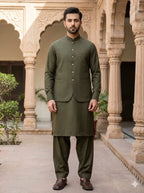 Olive Green Shalwar Kameez with Waistcoat