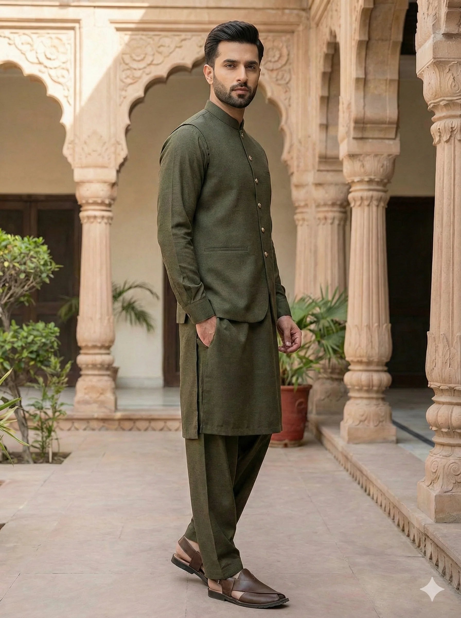 Olive Green Shalwar Kameez with Waistcoat
