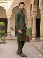 Olive Green Shalwar Kameez with Waistcoat
