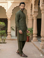Olive Green Shalwar Kameez with Waistcoat