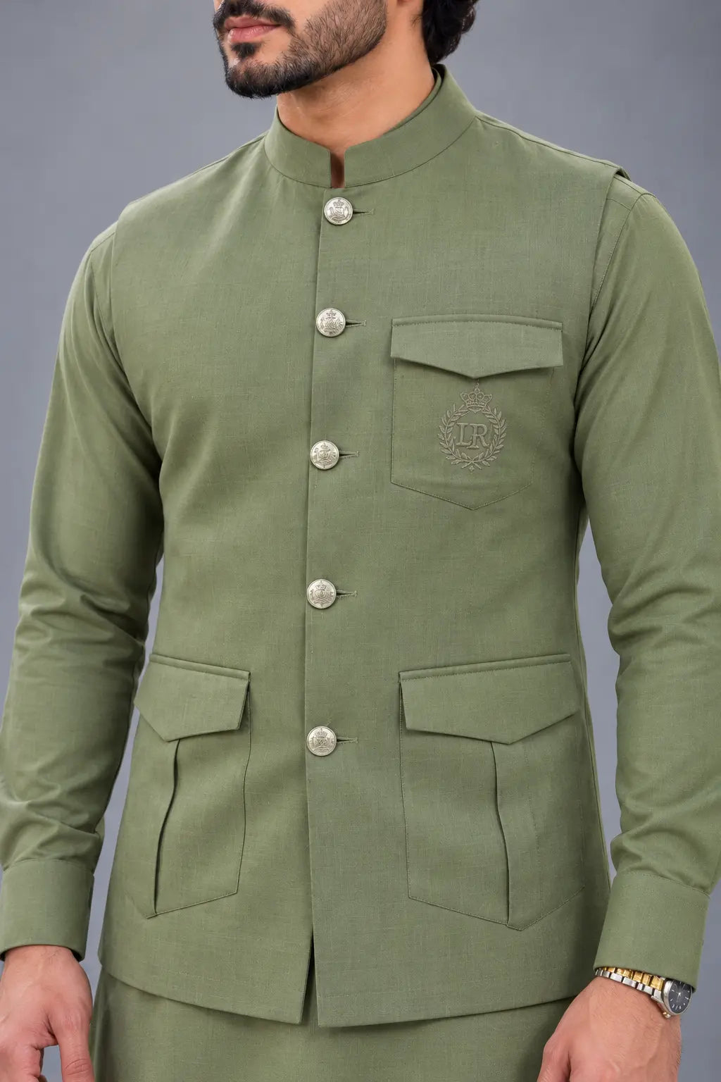 Olive Green Customized Shalwar Kameez Suit with Fabric Last Option